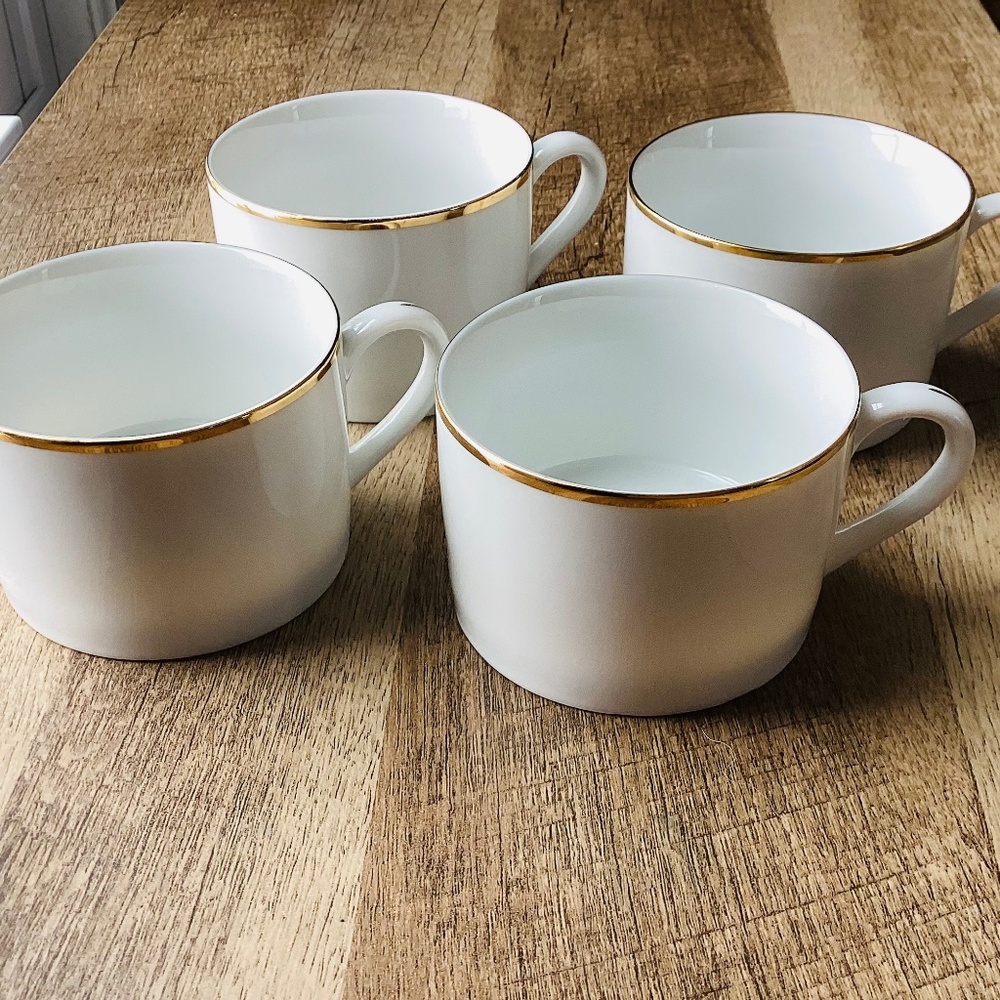4 Pier 1 Gold Line Porcelain Cups Monno Bangladesh white hand painted gold trim